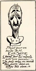 Bysteprosjekt av komponisten Erik Satie (1866-1925) av seg selv: Jeg kom til verden veldig ung i en veldig gammel tid» (Bysteprosjekt av komponisten Erik Satie av seg selv.) Privat samling