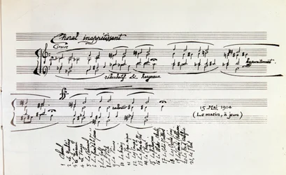 Detalj av musikalsk partitur av Sport og underholdning av Erik Satie