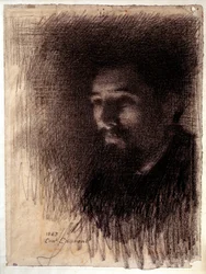 Portrett av maleren Georges Pierre Seurat. Kulltegning på hvitt papir av Laurent Ernest (1858-1929)