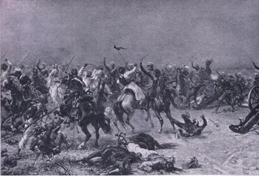 Anklagen om Kings Own Light Dragoons ved Mudki, illustrasjon fra British Battles on Land and Sea, 1915