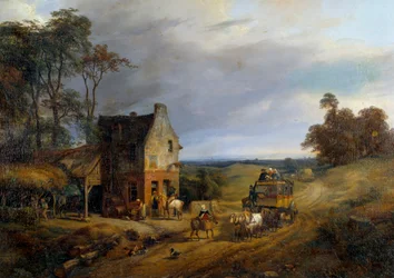 Arrestert foran et vertshus. Maleri av Ernest Delahaye (1855-1921) 1800-tallet. Compiegne, Nasjonalt slottsmuseum.