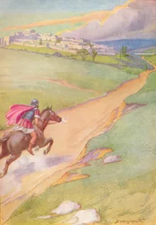 En budbringer ble sett spore hesten sin mot byen, ca 1912 1912