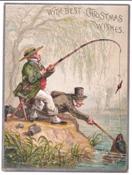 Et viktoriansk julekort av to menn som fisker ved elven, ca. 1880