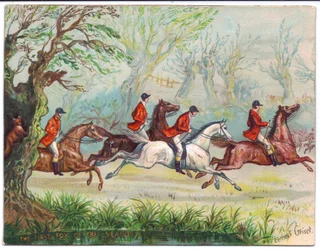 Et viktoriansk gratulasjonskort av revejegere som raser forbi mens reven gjemmer seg i et tre, ca. 1880