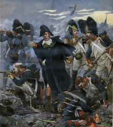 General Pierre Cambronne (1770-1842) sammen med troppene sine i slaget ved Waterloo - gravering etter Delahaye, Ernest Jean (1855-1921) -