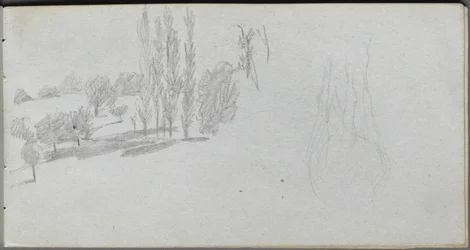Skissebok, side 18: Studie av en heste- og landskapsstudie.