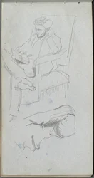 Skissebok, side 24: Sittende mannsfigur.