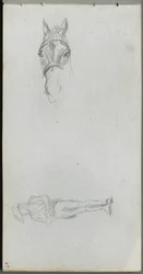 Skissebok, side 69: Studie av en hånd, en hest og en figur.