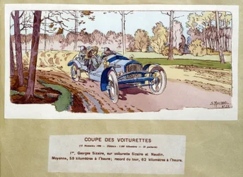 Bilracing: kuttet av vogner i 1906 - tegning av Ernest Montaut (1878-1909).