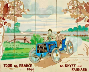De Knyff kjører en Panhard-bil i Tour de France i 1899: keramiske fliser produsert av Gilardoni Fils et Cie i Paris, etter en tegning av Ernest Montaut (1878-1909)