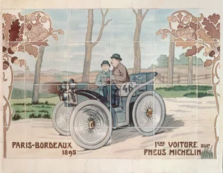 Edouard og André Michelin kjører L#39;Eclair, den første bilen med luftfylte dekk, i billøpet Paris til Bordeaux i 1895: keramiske fliser produsert av Gilardoni Fils et Cie i Paris, etter en tegning av Ernest Montaut (1878–1909)