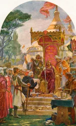 Kong John gir Magna Carta ved Runnymede, ved bredden av Themsen nær Windsor, England, 15. juni 1215. Fra Cassell