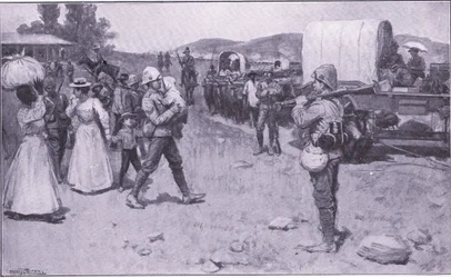 Britiske soldater som hjelper boer-flyktninger, illustrasjon fra After Pretoria: The Guerilla War, 1902
