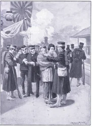 Tropper som forlater Tokio, illustrasjon fra Cassells History of the Russo-Japanese War Vol 1, ca. 1900