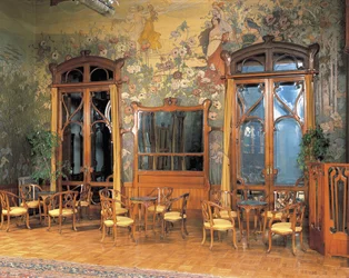 Interiør i hallen til et storslått hotell, Villa Igea, Palermo, Sicilia, Italia
