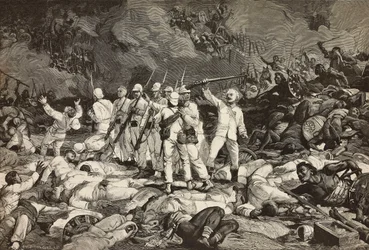 Slaget ved Dogali, siste overlevende som presenterer våpen, hilser falne, Eritreisk krig, gravering av Ernesto Mancastroppa og Cantagalli fra tegning og komposisjon av Ludovico Pogliaghi, fra L