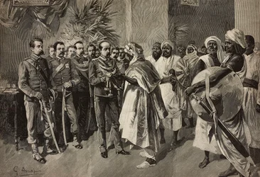 General Tancredi Saletta tilbyr sverd til Kantibai, Chief of Abab, Massawa, Eritrean War, gravering av Ernesto Mancastroppa fra tegning av G Amato, fra L'Illustrazione Italiana No 47, 6. november