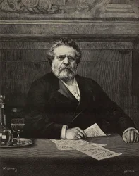 Giosue Carducci (1835-1907), italiensk poet og forfatter, nobelprisvinner i 1906, gravering av Ernesto Mancastroppa fra maleri av Vittorio Corcos, fra L
