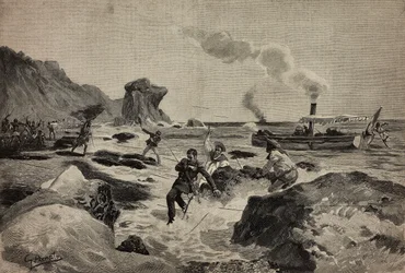 Drapet på løytnant Carlo Zavagli (1867-1890) i Warsheikh, i Somalia, 24. april, gravering av Ernesto Mancastropa etter tegning av Gennaro Amato, fra L
