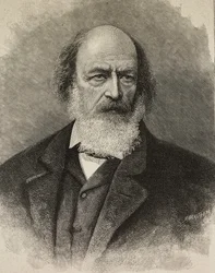 Portrett av Alfred Tennyson (1809-1892), britisk poet, gravering av Ernesto Mancastroppa fra fotografi av Barraud, fra L