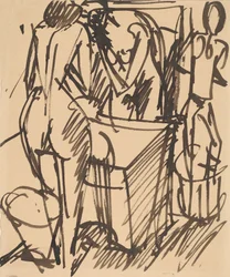 Naken med et speil, stående foran et vaskebord, 1908-1910.