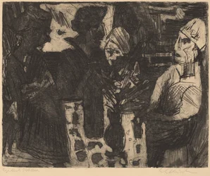 Kvinner ved et bord i et rom recto Nakenkvinne verso, 1920.