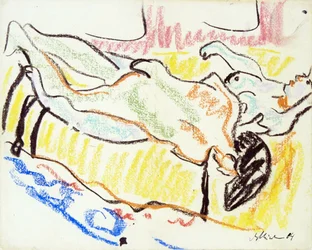 Forelsket par på verkstedet. To nakenbilder. (Kjærlighetspar i studio. To nakenbilder). Verk av Ernst Ludwig Kirchner (1880-1938), pastell på papir
