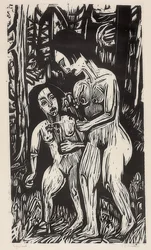 To nakne jenter med blomster i skogen. 1923