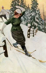 Kvinne på ski, slutten av 1800- eller begynnelsen av 1900-tallet.