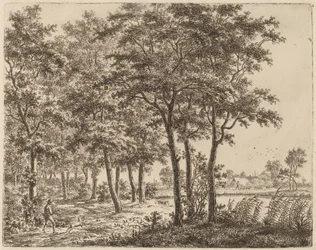 Landskap med en bonde som bærer ved, ca. 1800.