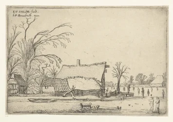 Gård ved frossen elv med skatere Landskapslandskap (serietittel)