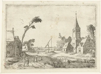 Landsbyutsikt med gårder, kirke og brønn Landskapslandskap (serietittel)