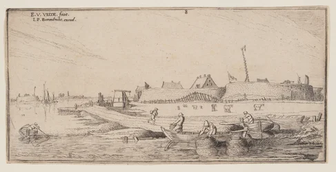 Fiskere i robåter foran en bymur, fra Landskap