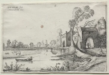 Landskap med en elv og et porthus