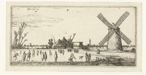 Skatere på isen ved en mølle i nærheten av Penningsveer Landskap (serietittel)