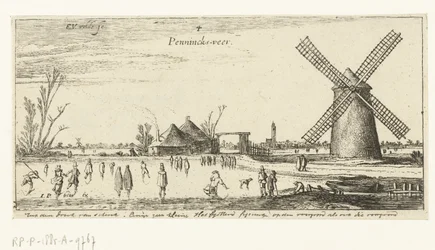 Skatere på isen ved en mølle i nærheten av Penningsveer Landskap (serietittel)