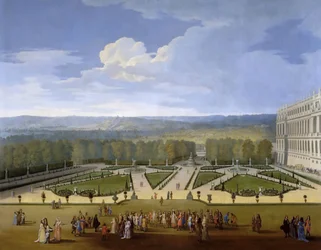 Louis XIV og hans hoff på en promenade i hagene i Versailles