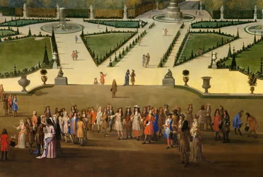 Ludvig XIVs spasertur (1638-1715) med utsyn mot det nordlige parterret i hagene i Versailles, detalj. Omkring 1688. Sol. 2,3 x 2,9 m