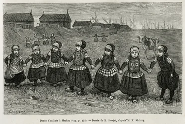 Barnedanser i Marken (Nederland), gravering etter en tegning av E. Ronjat, for å illustrere historien om Neerlande, av Charles de Coster, i 1878, utgitt i tour du monde, under ledelse av Edouard Charton