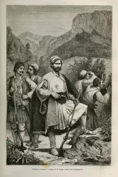 Greske røvere og hyrder, medskyldige i fjellene, tegning av E.Ronjat, for å illustrere historien om Henri Belle: Reisen til Hellas