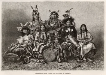 Indiske krigere og deres koner (Texas). Gravering etter tegningen av E.Ronjat, for å illustrere historien La conquete blanche, av William Hepworth Dixon, i 1875, publisert i "" Le tour du monde""" 1876, redigert av Edouard Charton,