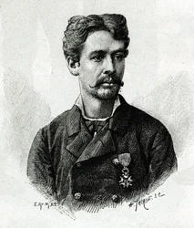 Portrett av doktor Tautain, under ekspedisjonen til Afrika 1879-1882, under kommando av Gallieni. Gravering av E. Ronjat, fra et fotografi, for å illustrere historien "Exploration du Haut Niger (Haut Niger)" (dagens Mali) av kommandør Joseph Gallien