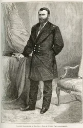 Portrett av Ulysses Grant (1822-1885), amerikansk general, leder for unionsstyrkene under den amerikanske borgerkrigen og USAs 18. president i to perioder fra 1869 til 1877. Stikk etter en tegning av E. Ronjat, til illustrasjon av beretningen