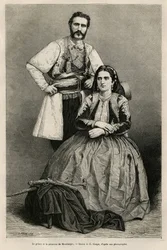 Portretter av fyrst Nikola I Petrović-Njegoš av Montenegro (1841-1921) og hans hustru Milena, født Vukotić (1847-1923), tegning av E. Ronjat til illustrasjon av Charles Yriartes (1832-1898) reise til Montenegro i 1874. Stikk i Le Tour du