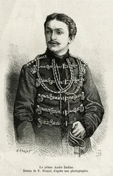 Prins Andre Dadian av Mingrelie (1850-1910), general for den russiske hæren og sjakkmester. Gravering av E.Ronjat, for å illustrere historien Un tour en Mingrelie (regionen i Georgia, som strekker seg mellom Kaukasus og Rion), av Carla Serena, i 1876-187