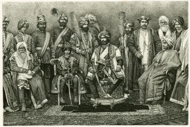 Kashmir maharajah, Rambhir Sing og hoffet hans. Gravering av E. Ronjat, for å illustrere historien "Portrett av en parisisk kvinne i det vestlige Himalaya", i 1881, av Marie de Ujfalvy-Bourdon (Ujfalvy Bourdon). Publisert i Tour du monde, 2. semester