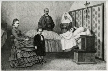 Legekonsultasjonen på Logelbach hospits. Gravering av E.Ronjat, for å illustrere historien "Gjennom Alsace og Lorraine", i 1884, av Charles Grad (1842-1890), tysk deputert, forfatter og naturforsker. Publisert i Le Tour du monde, nouveau journal d
