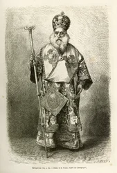Metropolitan eveque av den nye katedralen i Athen. Gravering etter tegningen av E.Ronjat, for å illustrere reisen til Hellas, av Henri Belle, i 1861-1868-1874, publisert i "" Le tour du monde""" 1876, redigert av Edouard Charton, Hachette-utgaven,