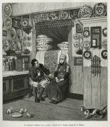 Un interieur à Marken (Pays Bas), gravering etter en tegning av E. Ronjat, for å illustrere historien om Neerlande, av Charles de Coster, i 1878, utgitt i tour du monde, under ledelse av Edouard Charton