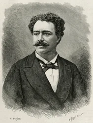 portrett av forfatteren og reisende Edmondo de Amicis (1846-1908), italiensk forfatter, gravering av E.Ronjat, for å illustrere historien om Marokko av Edmondo de Amicis, i 1875, utgitt i tour du monde, under ledelse av Edouard Charton